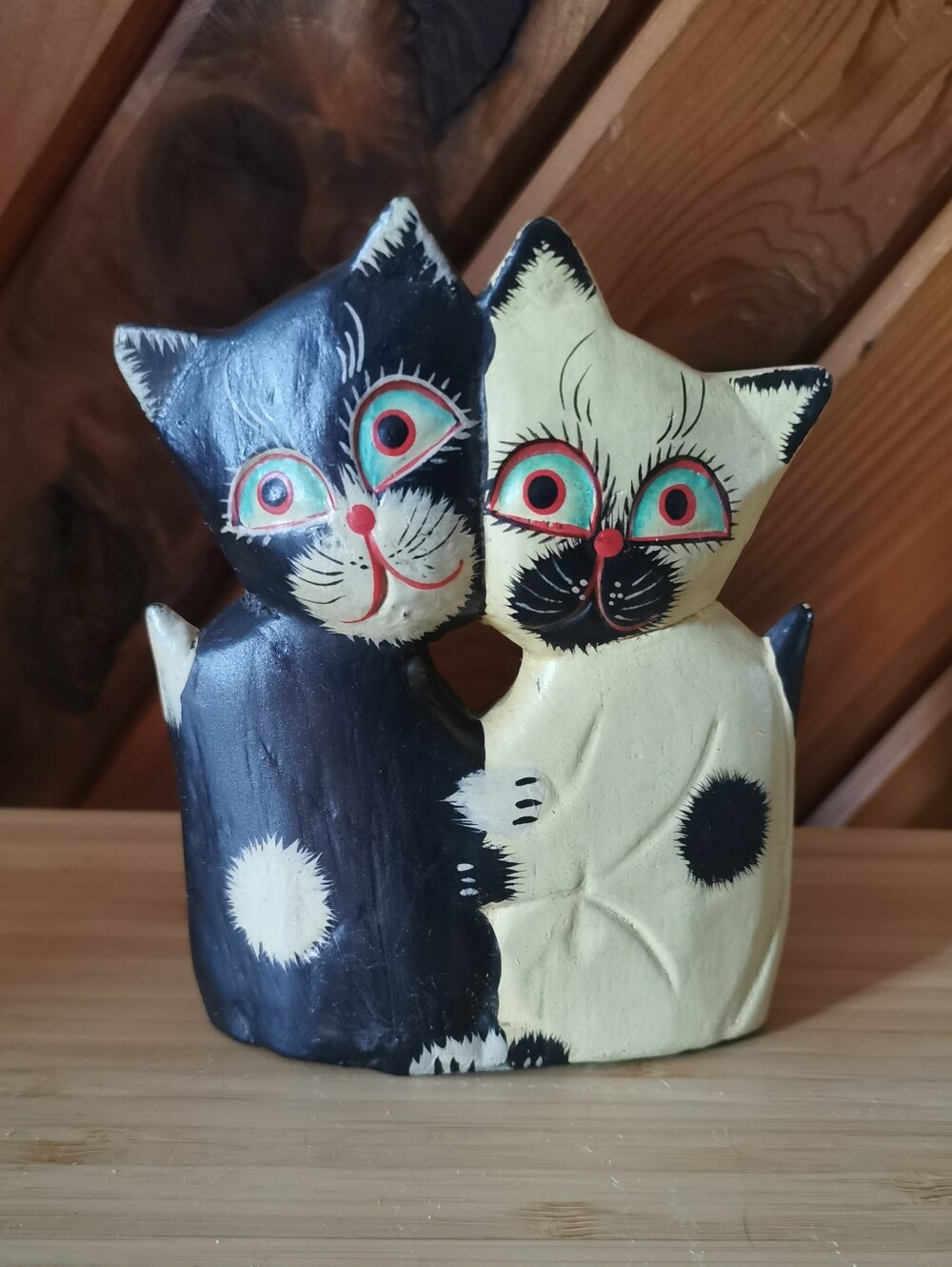 Vintage Hand Carved Hugging Cats Figurine Hand Painted Wooden Folk Art